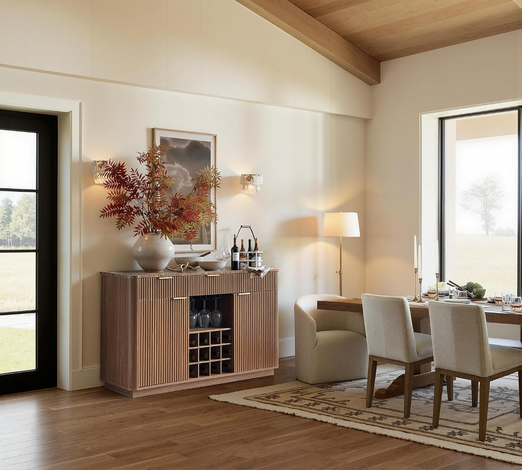 win2win 59" Fluted Wine Bar Cabinet, Mid-Century Modern Sideboard, Walnut | Home Bar with Faux Marble Top, 3 Spacious Drawers, 3 Stemware Racks, 12 Wine Racks, 2 Side Cabinets, Kitchen Dining Room