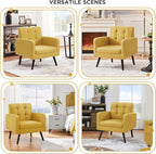 Yaheetech Mid-Century Accent Chairs, Modern Upholstered Living Room Chair, Cozy Armchair Button Tufted Back and Wood Legs for Bedroom/Office/Cafe, Yellow
