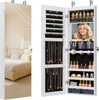 Unisakey Lockable Mirror Jewelry Cabinet LED Lights Wall Mount White | Door or Wall Mount Flexible,Drawers Cosmetic Trays Shelves Inside,Built-in Full-Length Mirror,Dimensions 14.4"×3.15"×43.1"