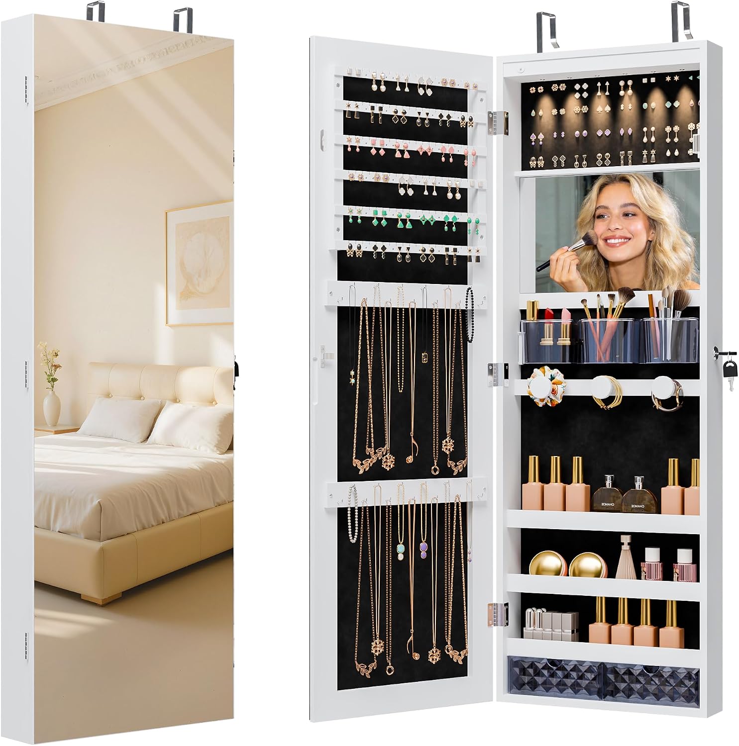 Unisakey Lockable Mirror Jewelry Cabinet LED Lights Wall Mount White | Door or Wall Mount Flexible,Drawers Cosmetic Trays Shelves Inside,Built-in Full-Length Mirror,Dimensions 14.4"×3.15"×43.1"