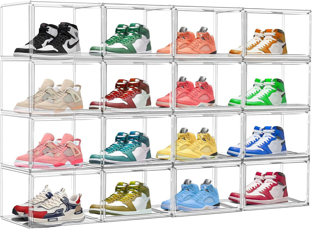 2 Pack Clear Shoe Storage Boxes Stackable Acrylic Shoe Display Case, Large Plastic Shoe Box Sneaker Organizer Purse Organizer with Magnetic Door, Size 12 or 13