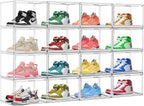 2 Pack Clear Shoe Storage Boxes Stackable Acrylic Shoe Display Case, Large Plastic Shoe Box Sneaker Organizer Purse Organizer with Magnetic Door, Size 12 or 13