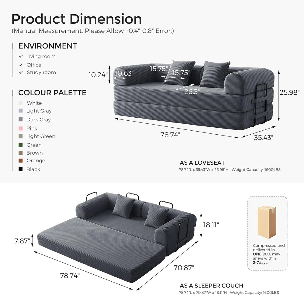 79" Convertible Futon Sofa Bed, Couch for Living Room | Dark Gray | Fold...
