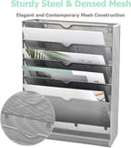 EASEPRES Mesh Wall File Organizer 6 Tier Vertical Mount Hanging Holder Magazine Rack with Bottom Flat Tray, Sides Closed, Silver