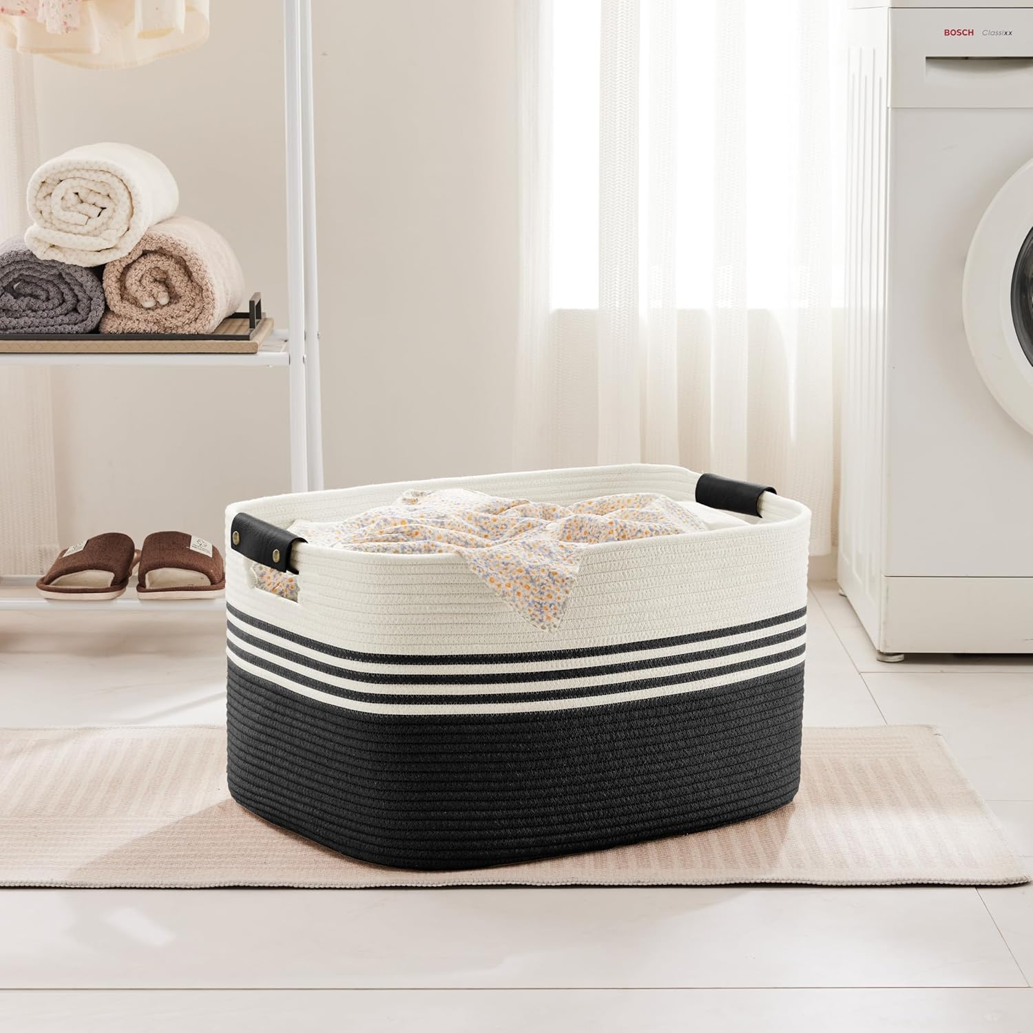72L Large Laundry Basket with Leather Handles for Living Room Storage, Woven Rope Baskets Bin for Blanket, Kids Toy, Gifts, Wicker Hamper for Bedroom Dirty Clothes, 22"x17"x12" White Black