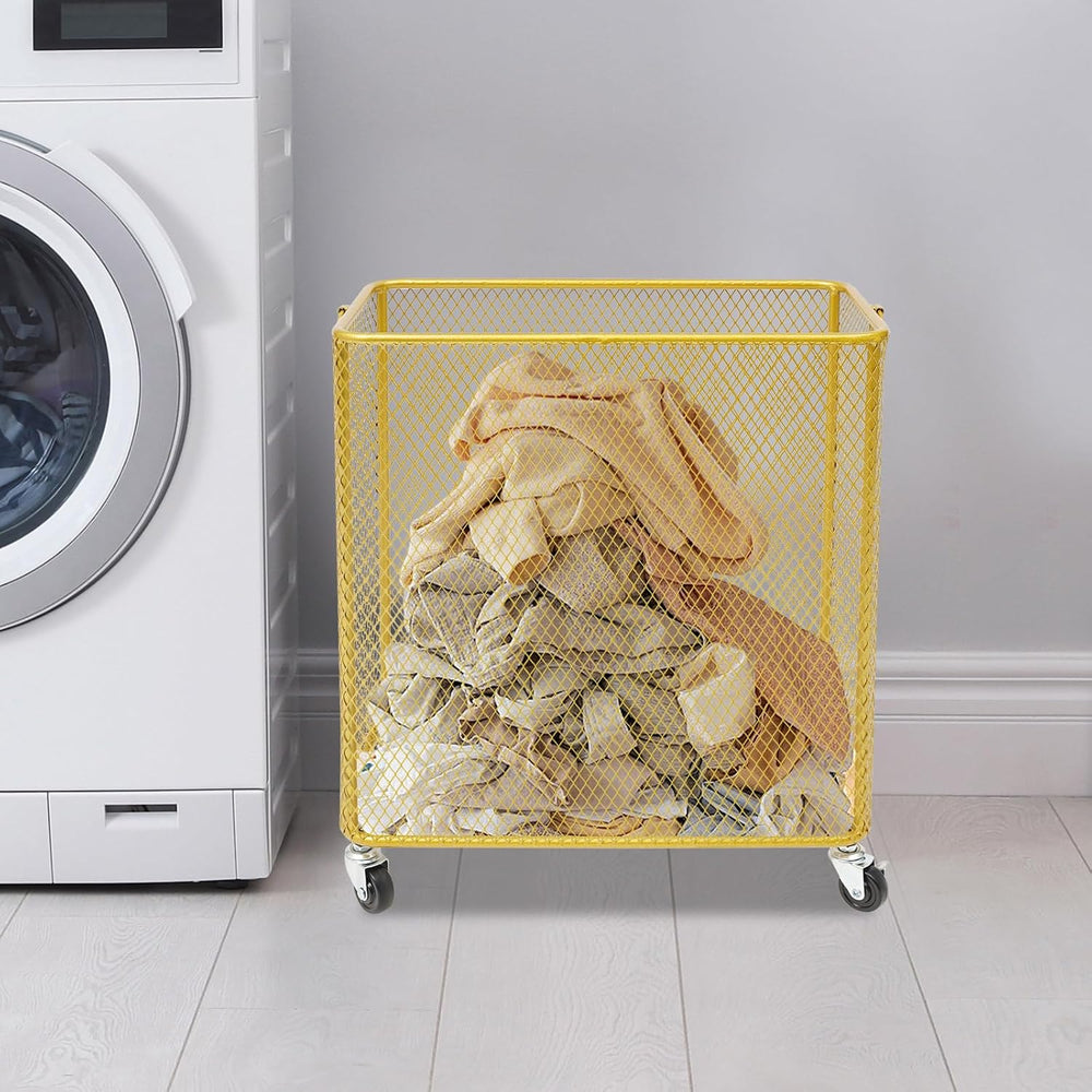 Metal Storage Cart Rectangular Mesh Wire Rolling Laundry with Ring Handles, G...