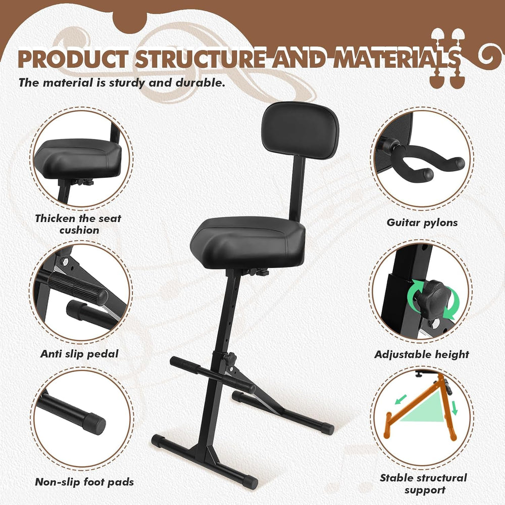 Saddle Guitar Stool with Back Support and Guitar Hanger, Height Adjustable Sa...