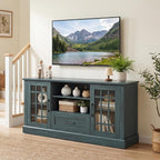 Tangkula Farmhouse TV Stand for TV up to 65 70 Inches, Tall Media Console Table with 2 Glass Storage Cabinets, 1 Drawer & 2 Open Shelves, Wooden Entertainment Center for Living Room (Vintage Green)