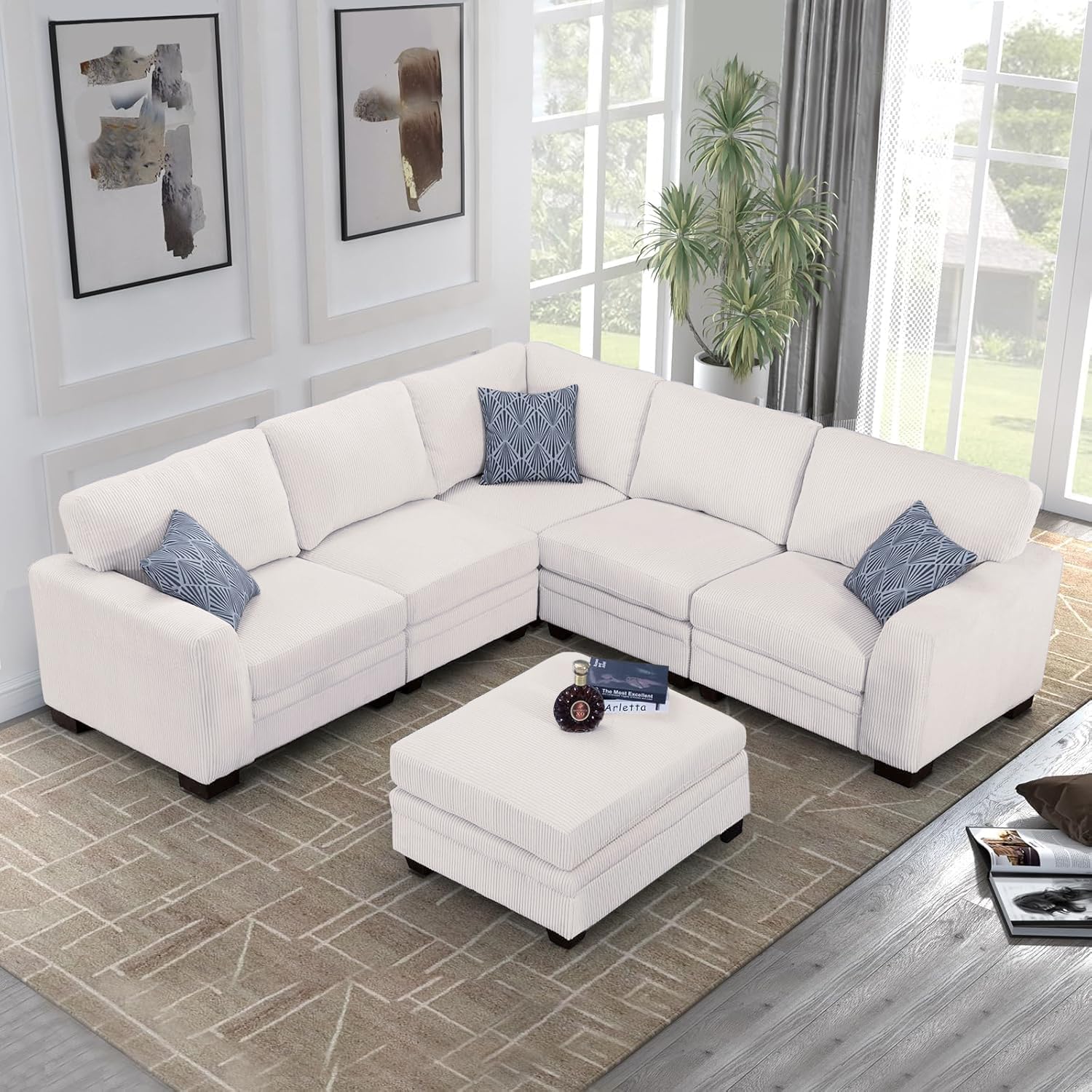 Legend Vansen U-Shaped Modular Sectional Sofa,Corduroy Couch with Ottoman,Deep Seat & Removable Cushion,6-Seat Oversized Sofa,Easy Assembly for Living Room Apartment