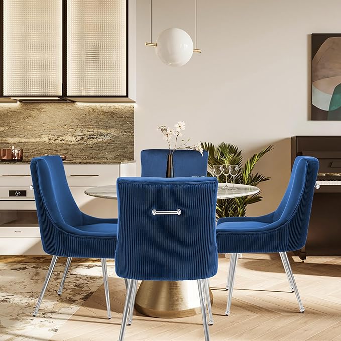 Velvet Dining Chairs Set of 4 with Silver Metal Legs, Modern Upholstered Kitchen Chair with Pull Handle & Pleated Back, Mid Century Accent Chair for Vanity,Dining,Kitchen,Living Room, Dark Blue