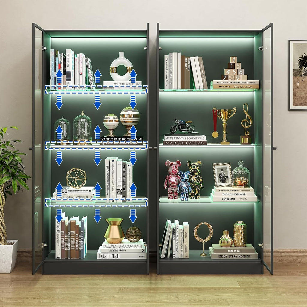 Display Cabinet with LED Lights, Display Case with 4-Tier Glass Shelves & 2 Glass Doors, Curio Cabinet for Collectibles, Living Room