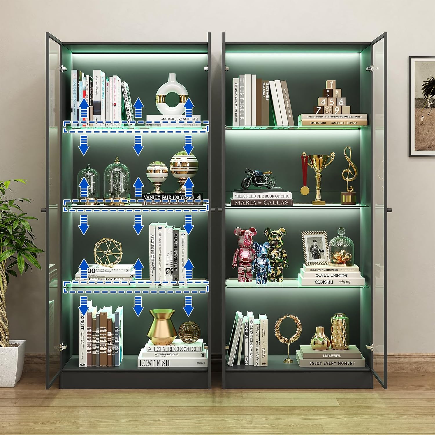 Display Cabinet with LED Lights, Display Case with 4-Tier Glass Shelves & 2 Glass Doors, Curio Cabinet for Collectibles, Living Room