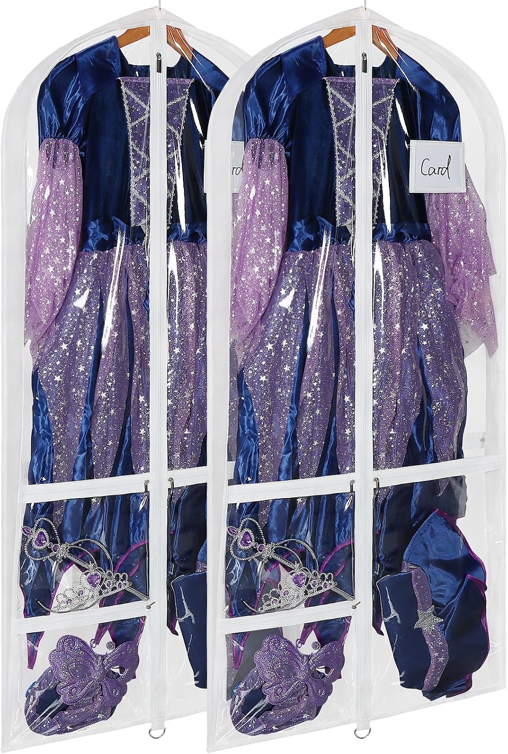 Univivi 50 Inch Dance Costume Garment Bags for Dancers, White, 2 Pack | Breathable Fabric, PVC Window, 3 Separated Clear and 1 Back Zipper Pocket, Foldable Dance Garment Bags for Dancers, Dresses