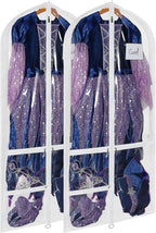Univivi 50 Inch Dance Costume Garment Bags for Dancers, White, 2 Pack | Breathable Fabric, PVC Window, 3 Separated Clear and 1 Back Zipper Pocket, Foldable Dance Garment Bags for Dancers, Dresses