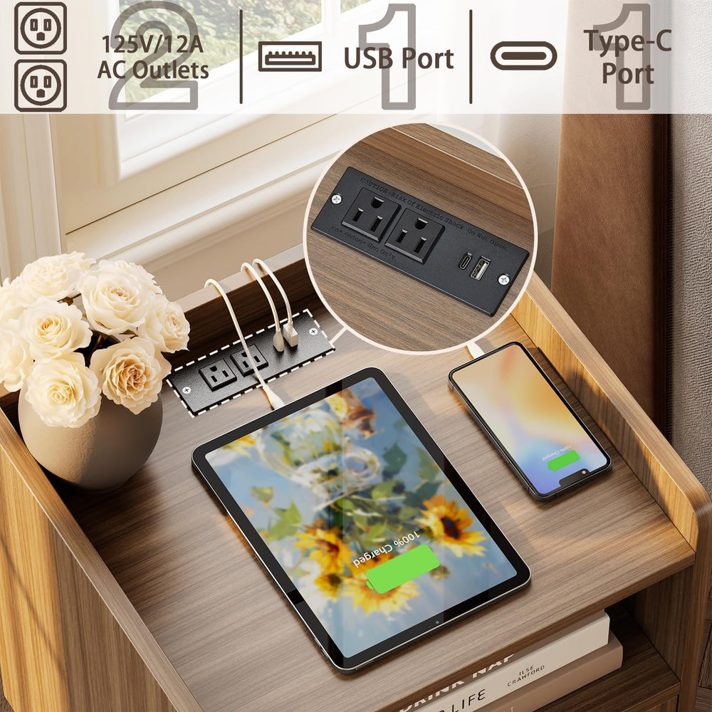 MECHYIN Night Stand Set 2, Nightstands Set of 2 with Charging Station, Rattan...