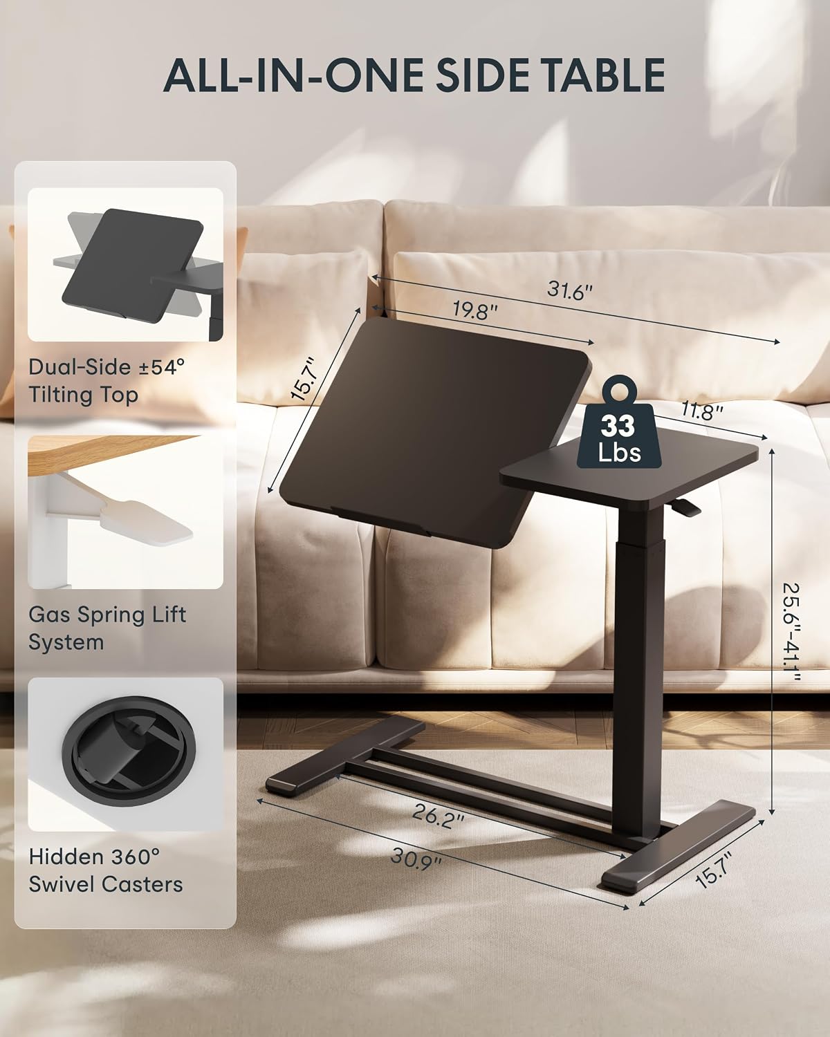 FLEXISPOT 32" Gas Spring C Table with Split Tilting Top,Mobile Side Table | Split tilting C table with hidden wheels for best angles. Mobile side table for sofa and bedside use. 31.6" W x 15.7" D,Black
