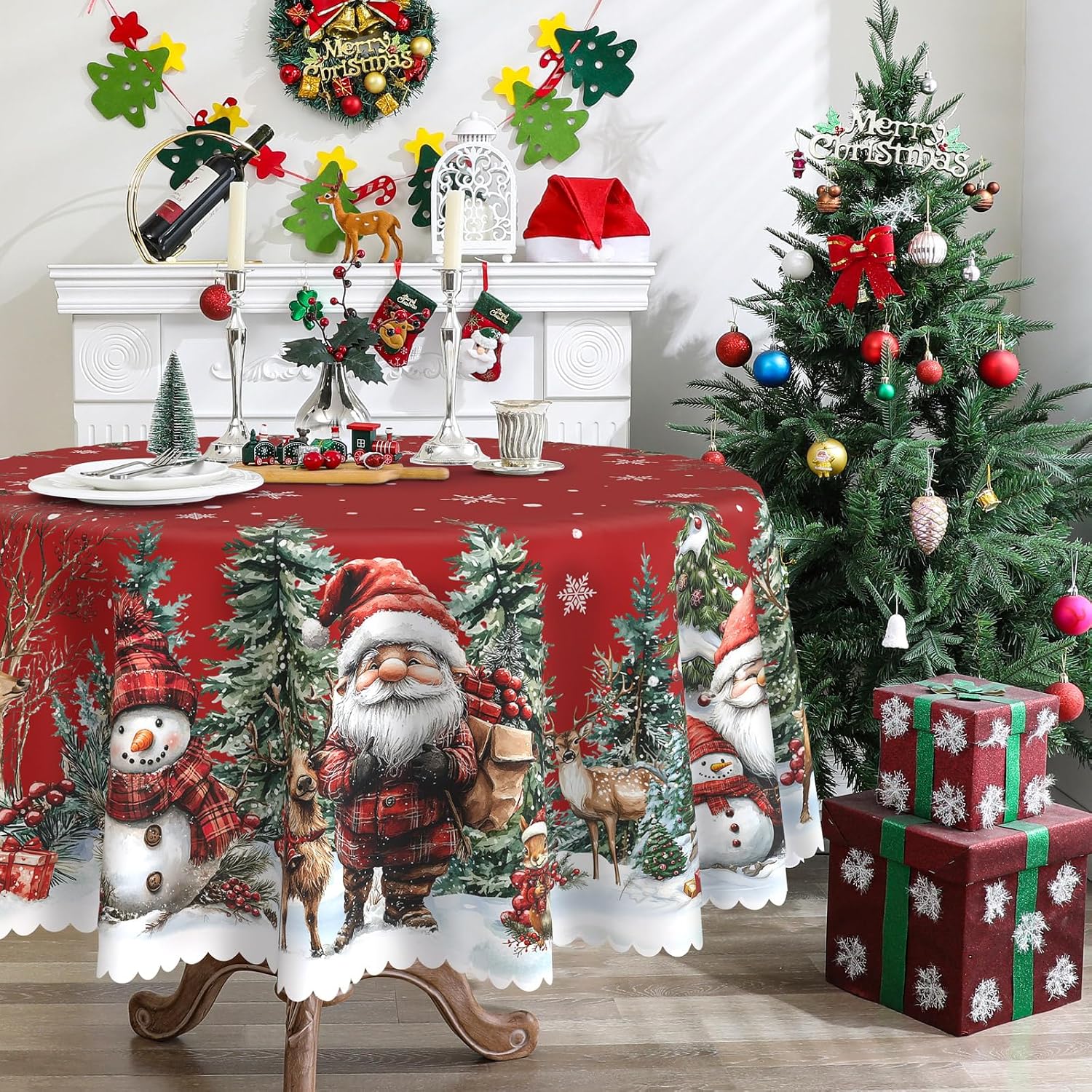 Round Christmas Tablecloth 70 inches - Santa Christmas Decor | Water Resistant Santa and Snowman Table Cloth - Holiday Xmas Decorations for Table, Party