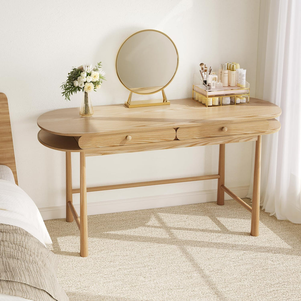60in Solid Wood Desk - Oval-Shaped Double-Top Dressing Table, Ash
