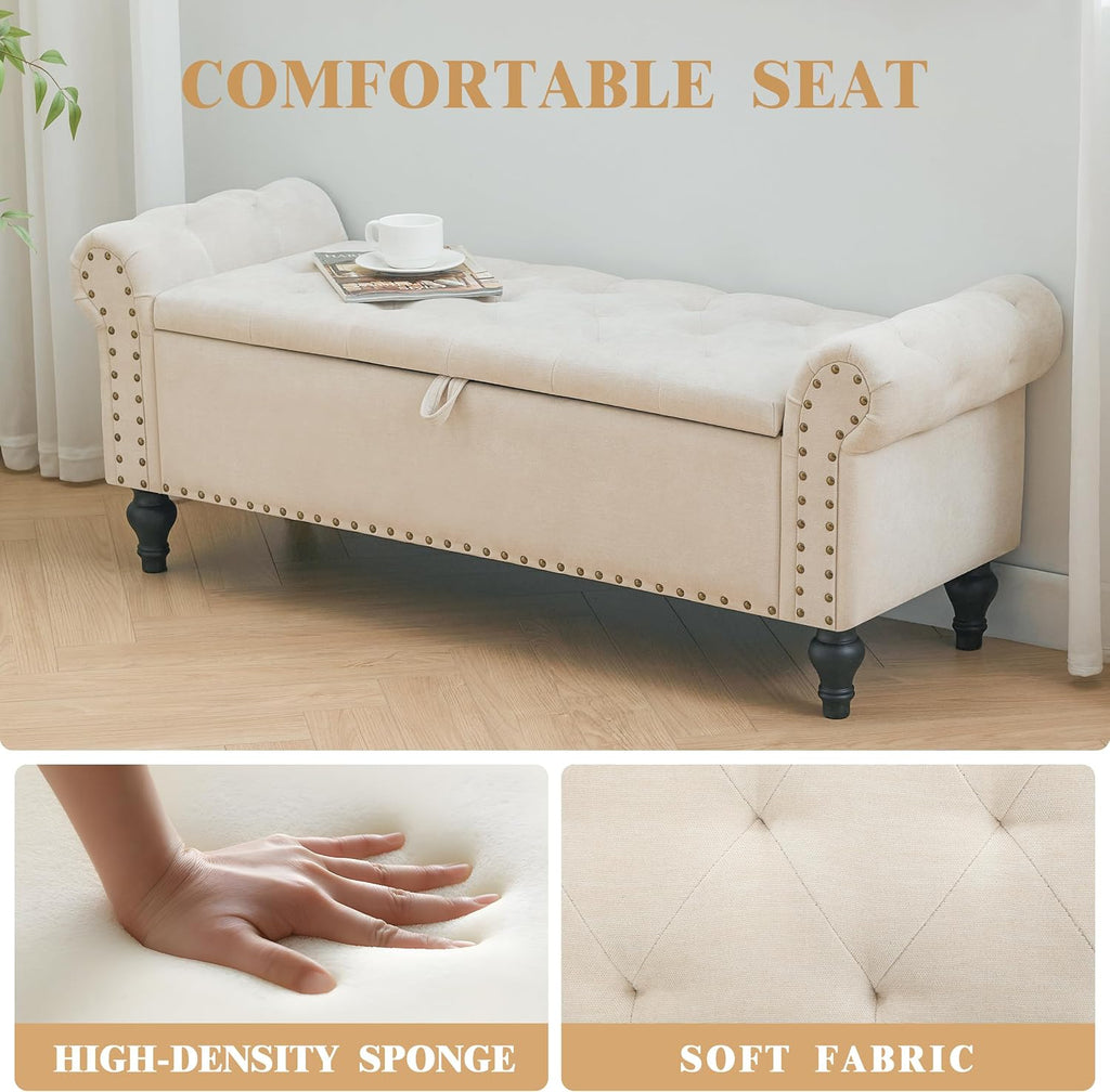 Howjoe 51" Bedroom Storage Bench, End of Bed Bench, Chenille Upholstered Benches, Ottoman with Storage, Window Benches with Rolled Arm and Nailhead Trim for Living Room, Entryway, Beige
