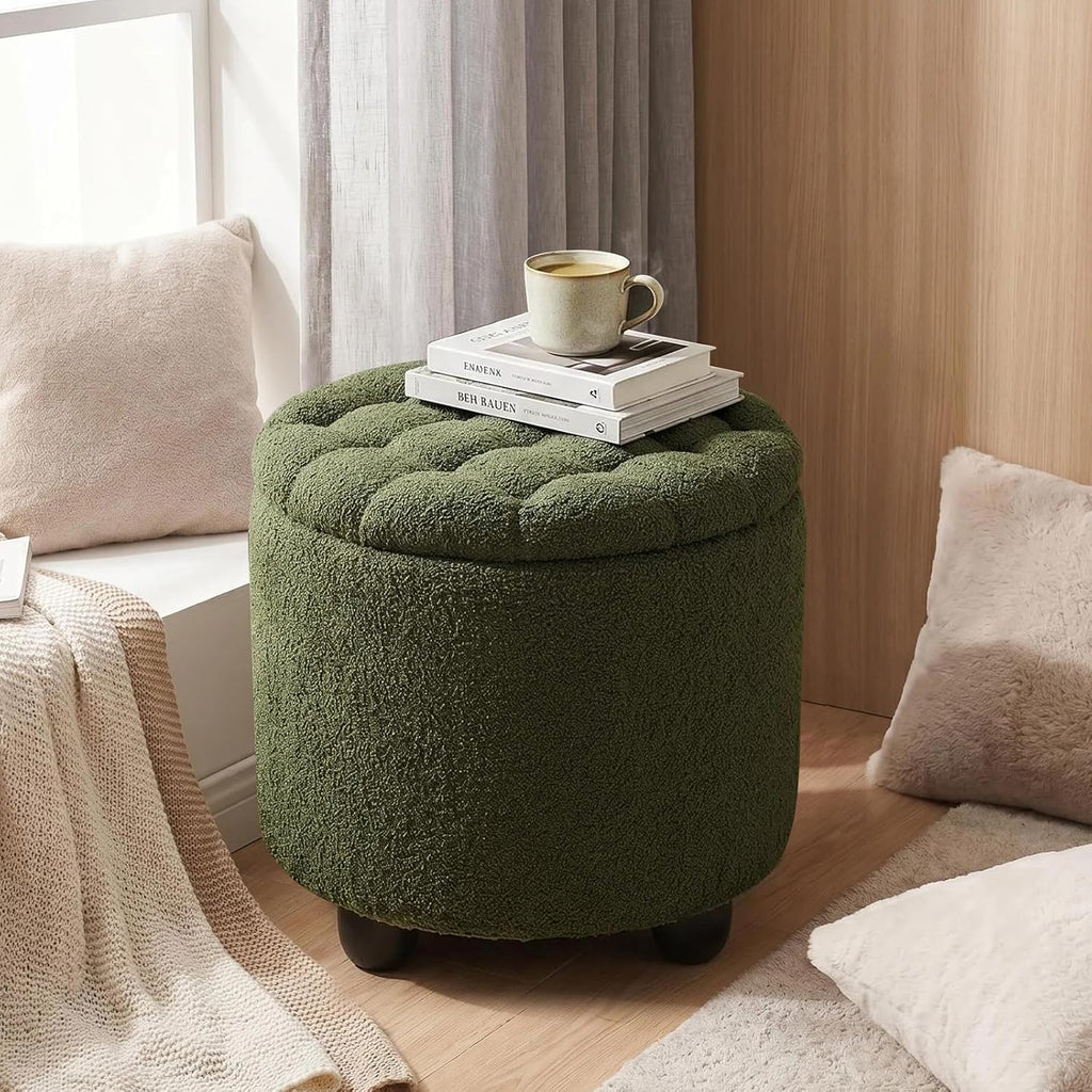 Furniliving Modern Round Storage Ottoman, Upholstered Button Tufted Ottoman Footstool Ottomans with Removable Lid Storage Footstool for Living Room, Bedroom, Makeup Room, Teddy, Green