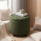 Furniliving Modern Round Storage Ottoman, Upholstered Button Tufted Ottoman Footstool Ottomans with Removable Lid Storage Footstool for Living Room, Bedroom, Makeup Room, Teddy, Green