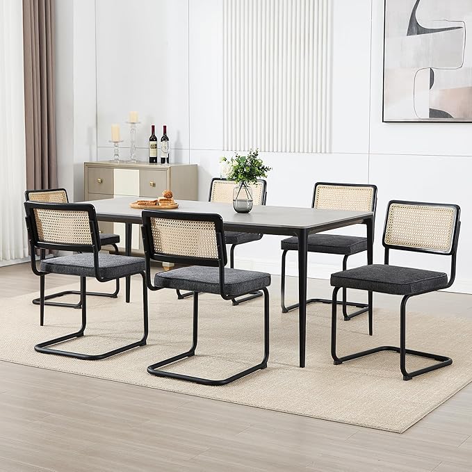 Zesthouse Rattan Dining Chairs Set of 6, Mid Century Modern Dining Room Chairs with Natural Cane Mesh & Black Matte Base, Dark Grey Cesca Chair, Linen Fabric Kitchen Chair with Solid Wood Frame Back