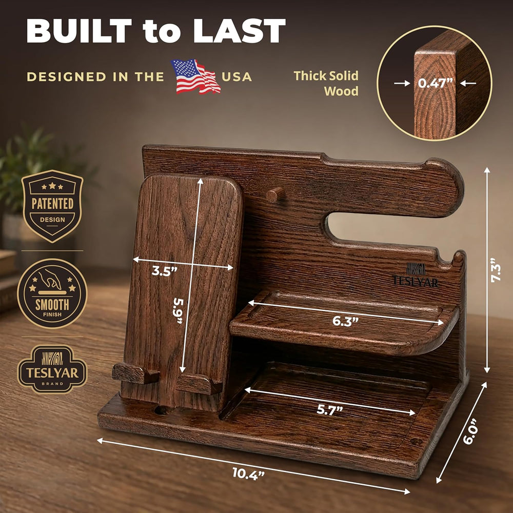TESLYAR Wood Phone Docking Station for Men - Desk or Nightstand Organizer - B...