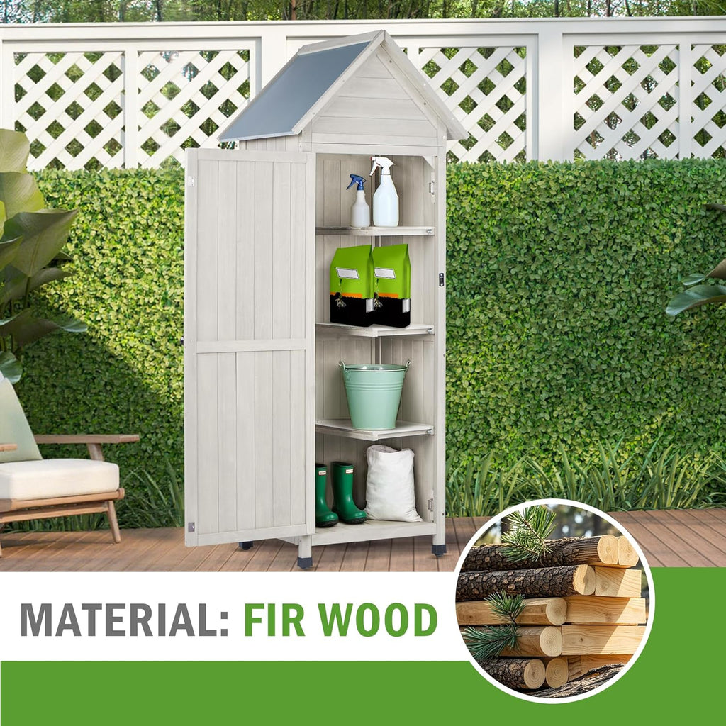 Wooden Outdoor Storage Cabinet with Waterproof Metal Roof Vertical Garden Tool Shed Adjustable Shelves, Perfect for Yards, Patios, Decks and Porches (Light Gray, 22" x 26" x 67")