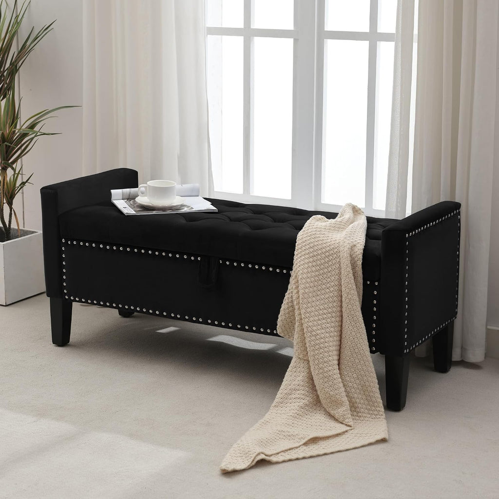 Storage Ottoman Bench, Velvet Upholstered Footstool for Bedroom and Living Room, Tufted Seat with Storage, Wooden Legs & Metal Rivets, Black