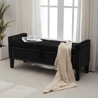 Storage Ottoman Bench, Velvet Upholstered Footstool for Bedroom and Living Room, Tufted Seat with Storage, Wooden Legs & Metal Rivets, Black