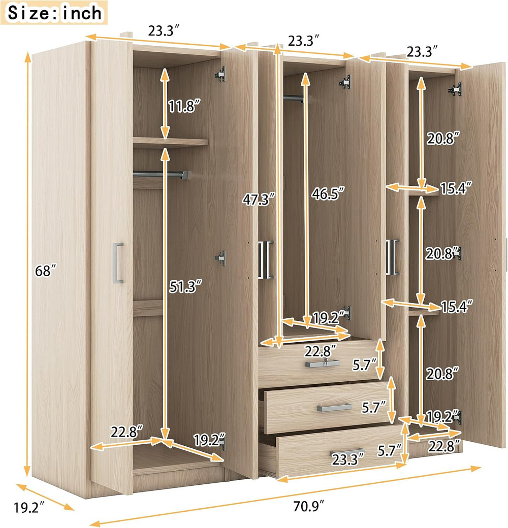 Merax Large 6 Doors Wooden Wardrobe, Bedroom Tall Armoire Closet Organizer wi...