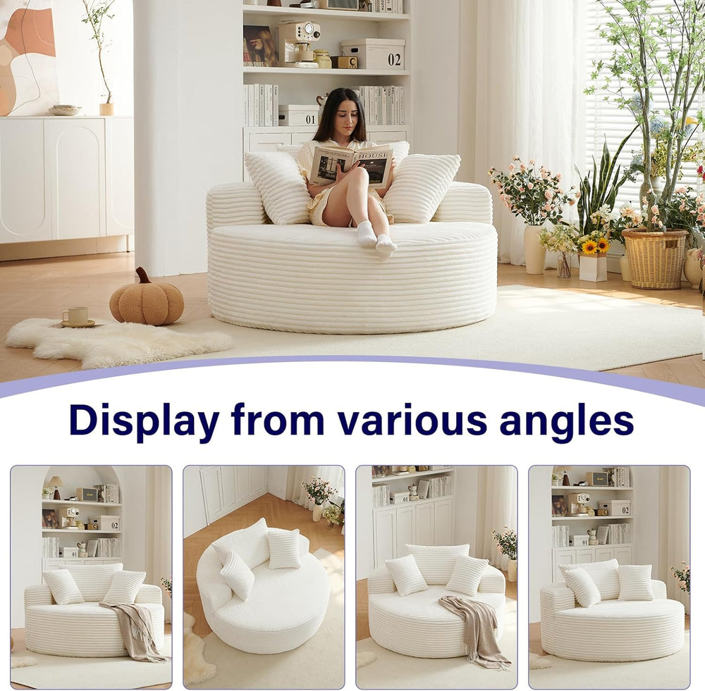 55''L Oversized Round Chaise Longue Chair Indoor, Corduroy Sponge Sin...