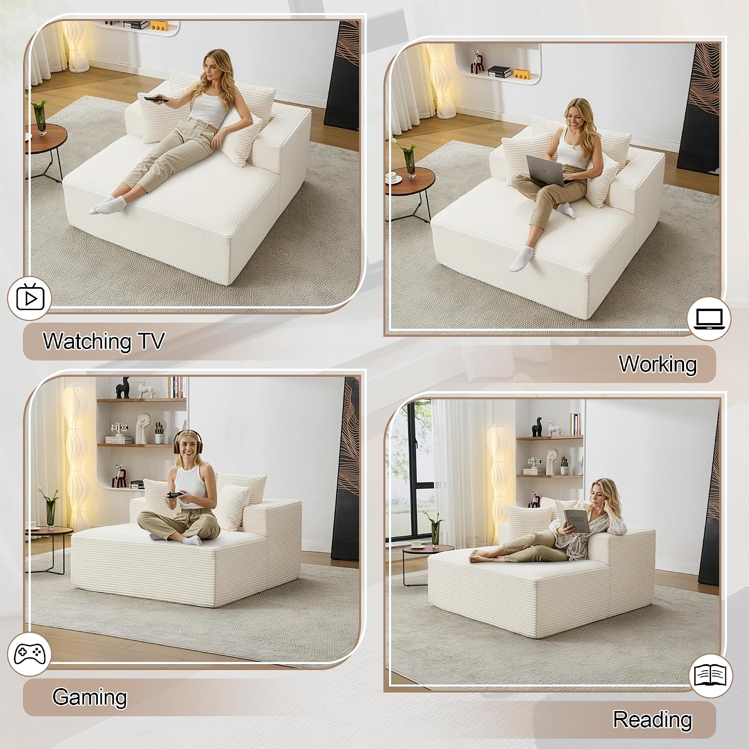 Qulomvs 57" Oversized Chaise Lounge Chair Indoor, No Assembly Boneless Couch, Corduroy Upholstered Sofa Bed, Deep Seat Comfy Reading Chair, Cloud Sleeper Couch for Living Room, Bedroom (Beige)