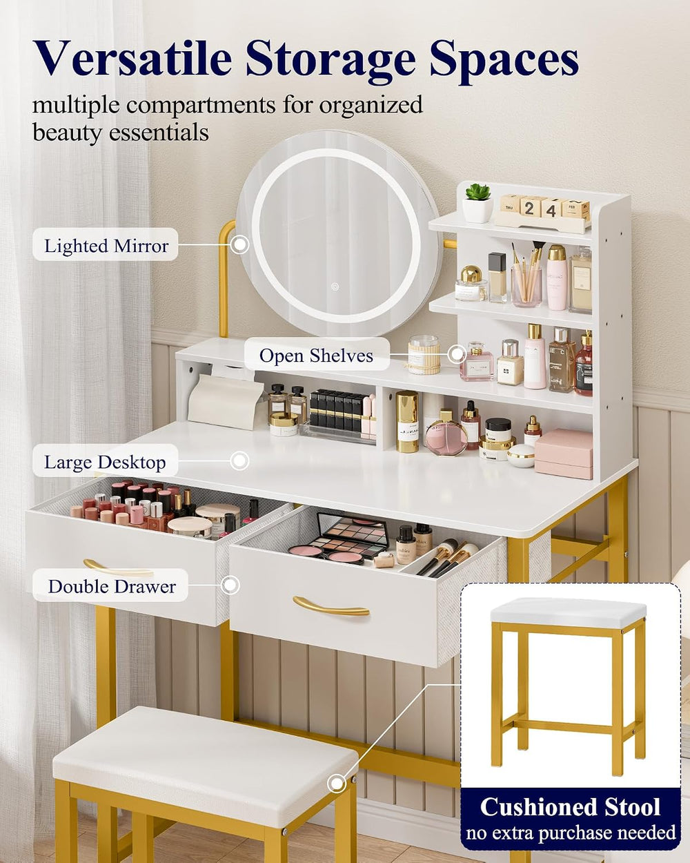 Kitsure Vanity Desk with Mirror and Lights - 3 Mode Lighted Makeup Vanity for...
