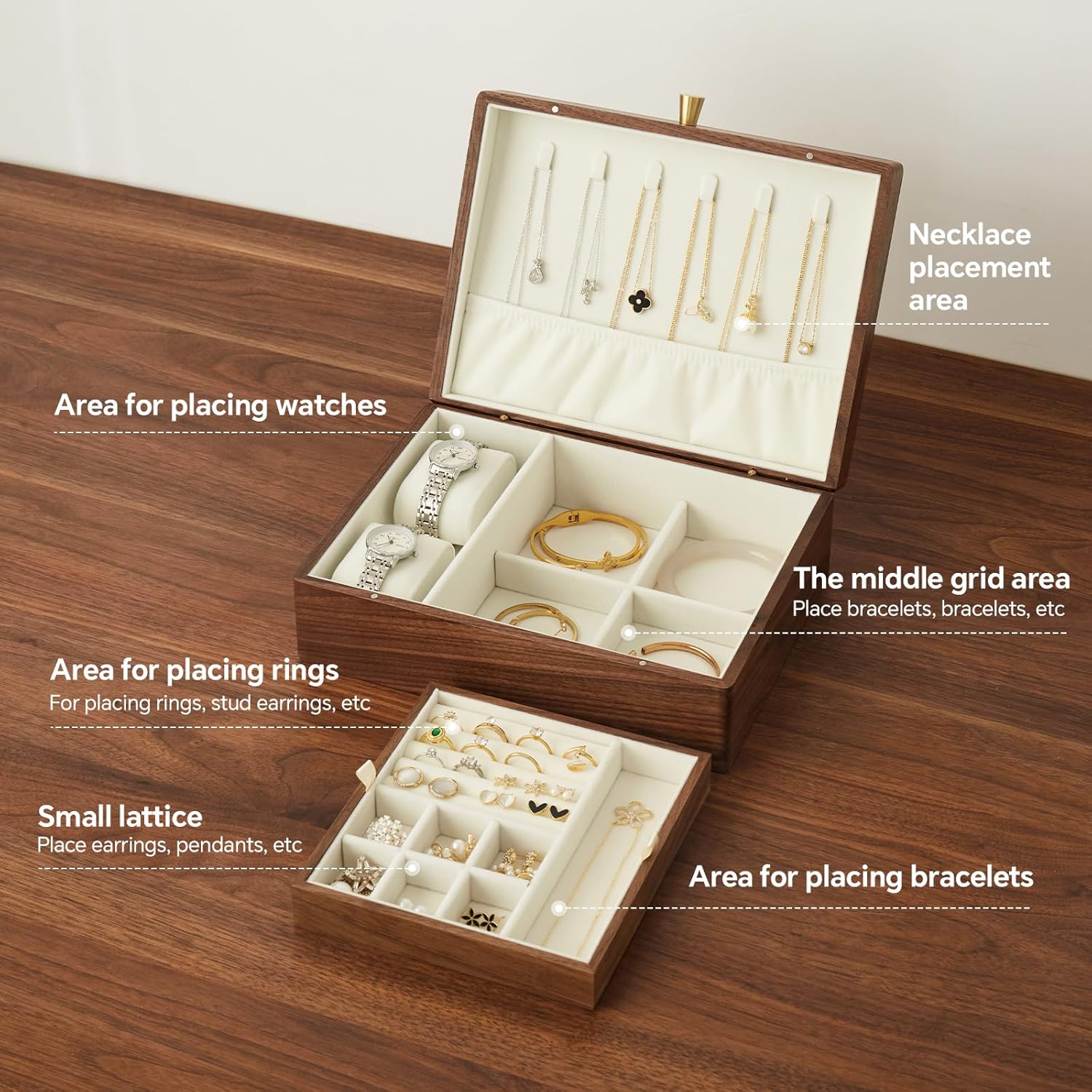 Black Walnut Wood Jewelry Box With Velvet Lining,Personalized Ring and Necklace Box for Women and Girls,Brass Handle (No lock)