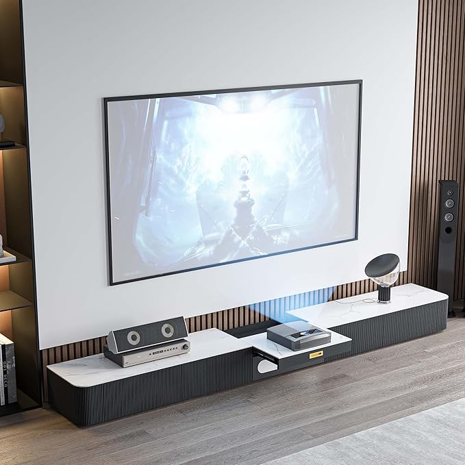 POVISON Fully-Assembled Modern TV Stand for Projector, Sintered Stone Entertainment Center with Storage for 85 inch TV, Wood TV Console, Media Console for Living Room Bedroom