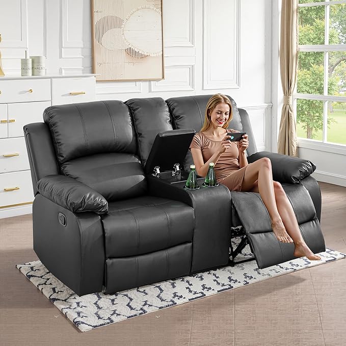 Recliner Sofa Set Couches for Living Room Chair Semi PU Fabric Living Room Furniture Sets, Adjusted Loveseat Reclining Couch Furniture Sofa Set for Theater Seating, Black