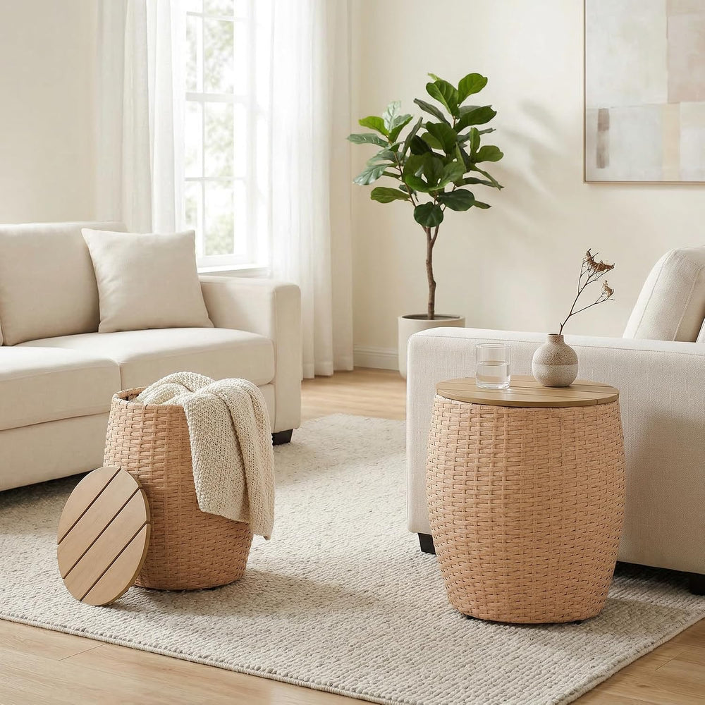 Wicker Side Table Set of 2, Round End Tables with Storage Basket, Multifuncti...