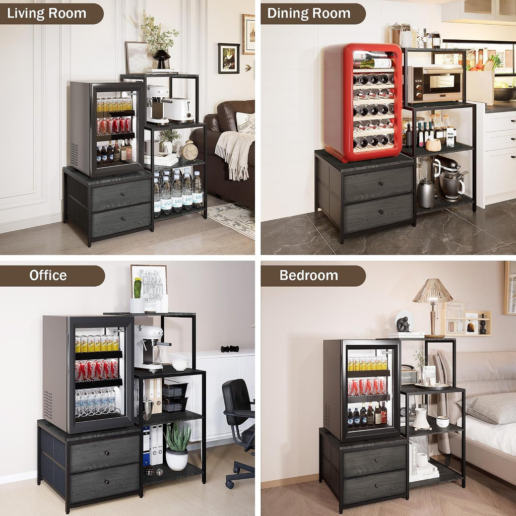 Mini Fridge Stand with Storage, Microwave and mini Fridge Stand with Power Outlet, Coffee Bar,Kitchen Baker,for Dorm,Office(Black)