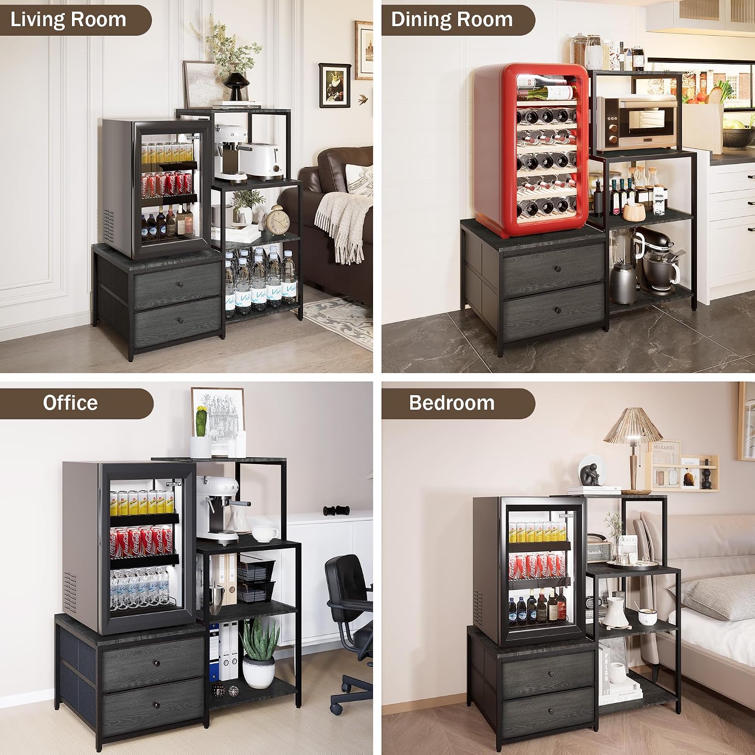 Mini Fridge Stand with Storage, Microwave and mini Fridge Stand with Power Outlet, Coffee Bar,Kitchen Baker,for Dorm,Office(Black)