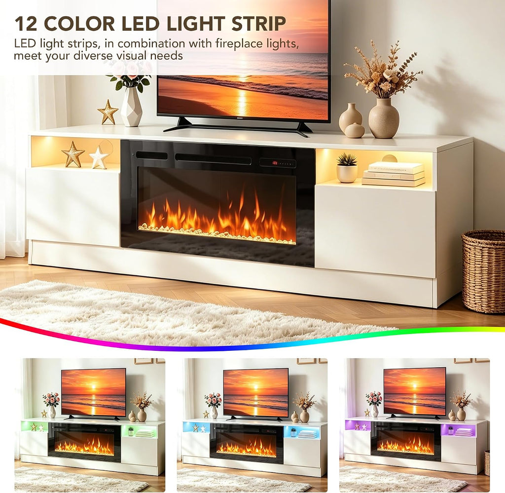 MXV Fireplace TV Stand with 36'' Electric Fireplace Up to 90" TVs, LED Light Entertainment Center, Modern Wood Texture Entertainment Stand with Highlight Storage Cabinet, White-Black1