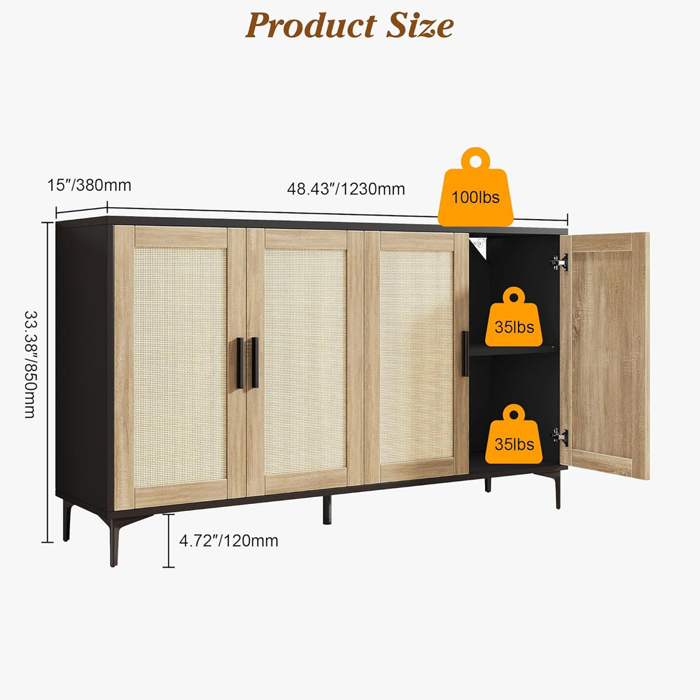 JASIWAY Buffet Cabinet with Storage, 48" Rattan Sideboard with Adjustabl...