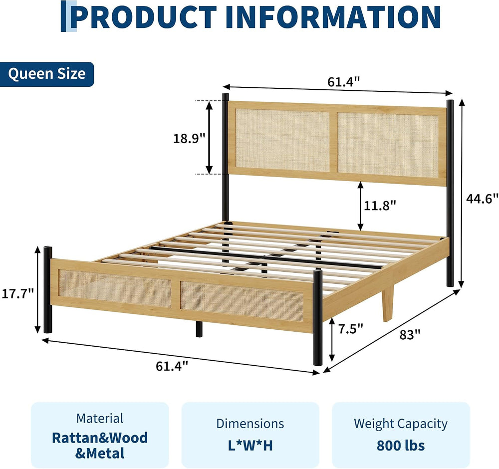 Rattan Queen Size Bed Frame, Wooden Platform Bed with Rattan Headboard