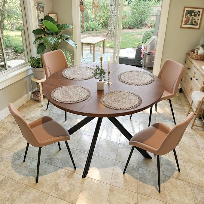 47.2" 5-Piece Round Dining Table Set for 4, Modern Wood Dining Table with 4 Upholstered Chairs, Kitchen & Dining Room Table Set with Metal Base for Apartment, Small Space, Walnut Table+4 Brown Chairs
