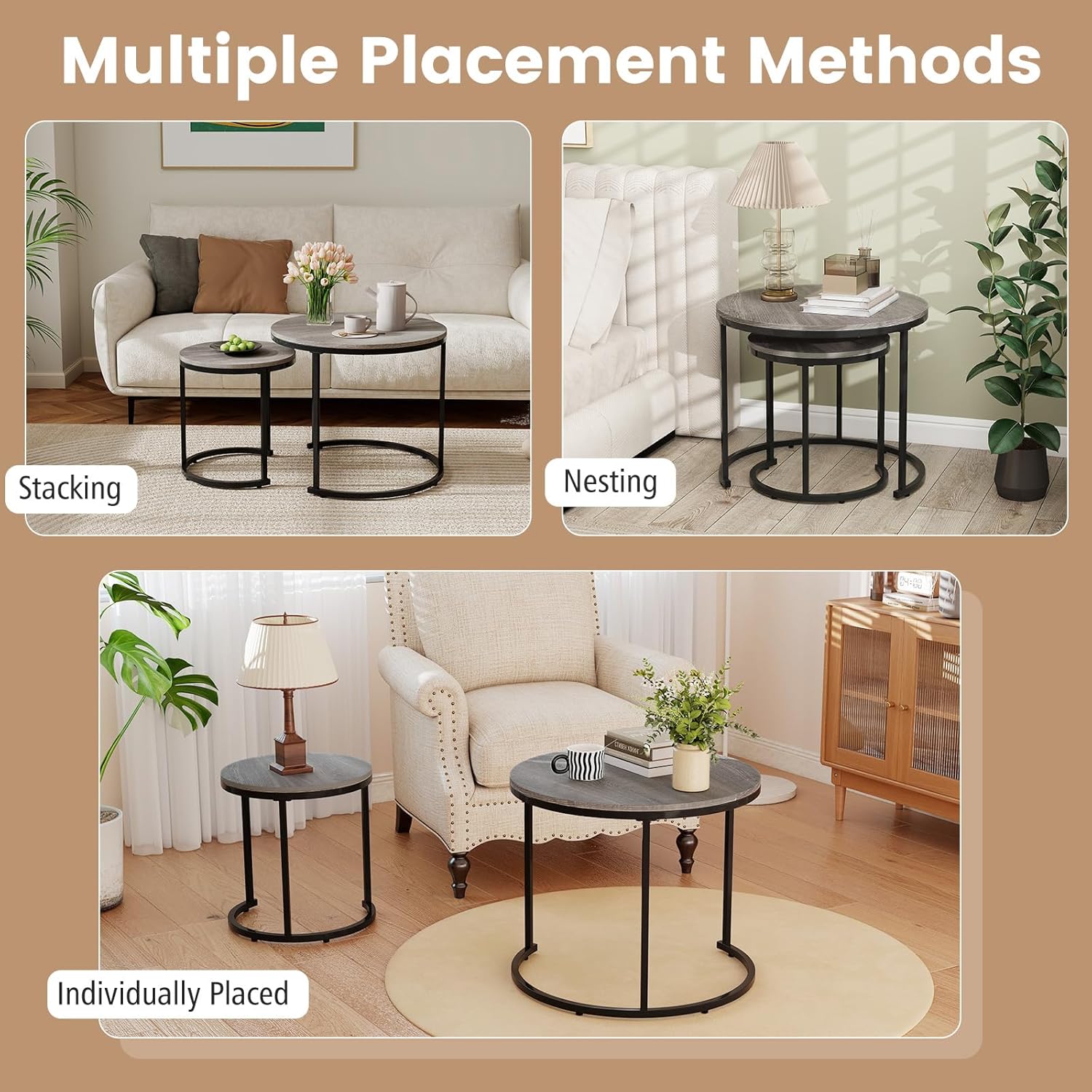 Giantex Nesting Coffee Table Set of 2, Round Stacking Side Tables with Wooden Tabletop & Powder Coated Steel Frame, Space Saving Vintage End Tables for Living Room, Balcony, Office (Grey Oak)