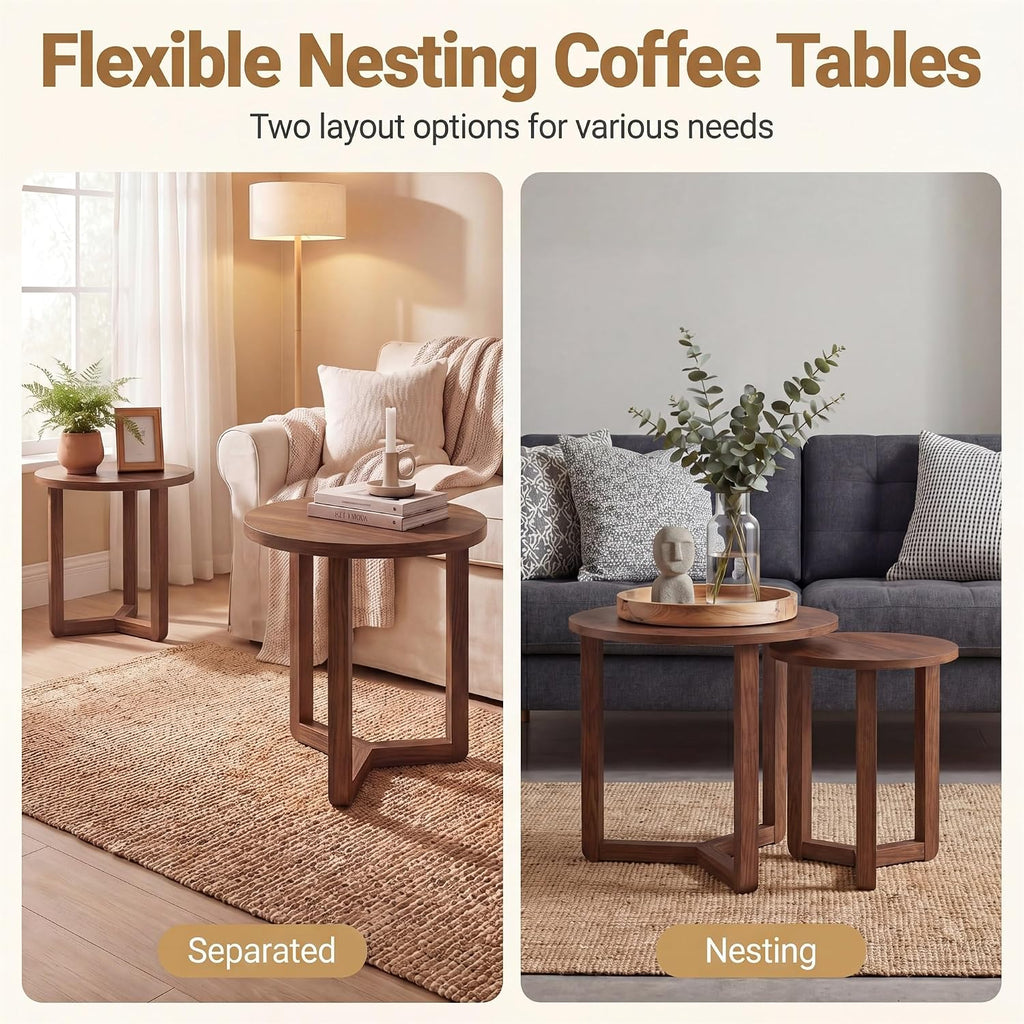 Tangkula Round Nesting Coffee Table Set of 2, Farmhouse End Tables with Solid Rubber Wood Tripod Legs, Compact Sofa Side Tables for Living Room Bedroom Small Spaces (Walnut)