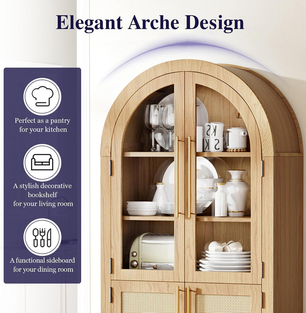 63" Tall Arched Cabinet with Glass Doors, Kitchen Pantry Storage Cabinet...