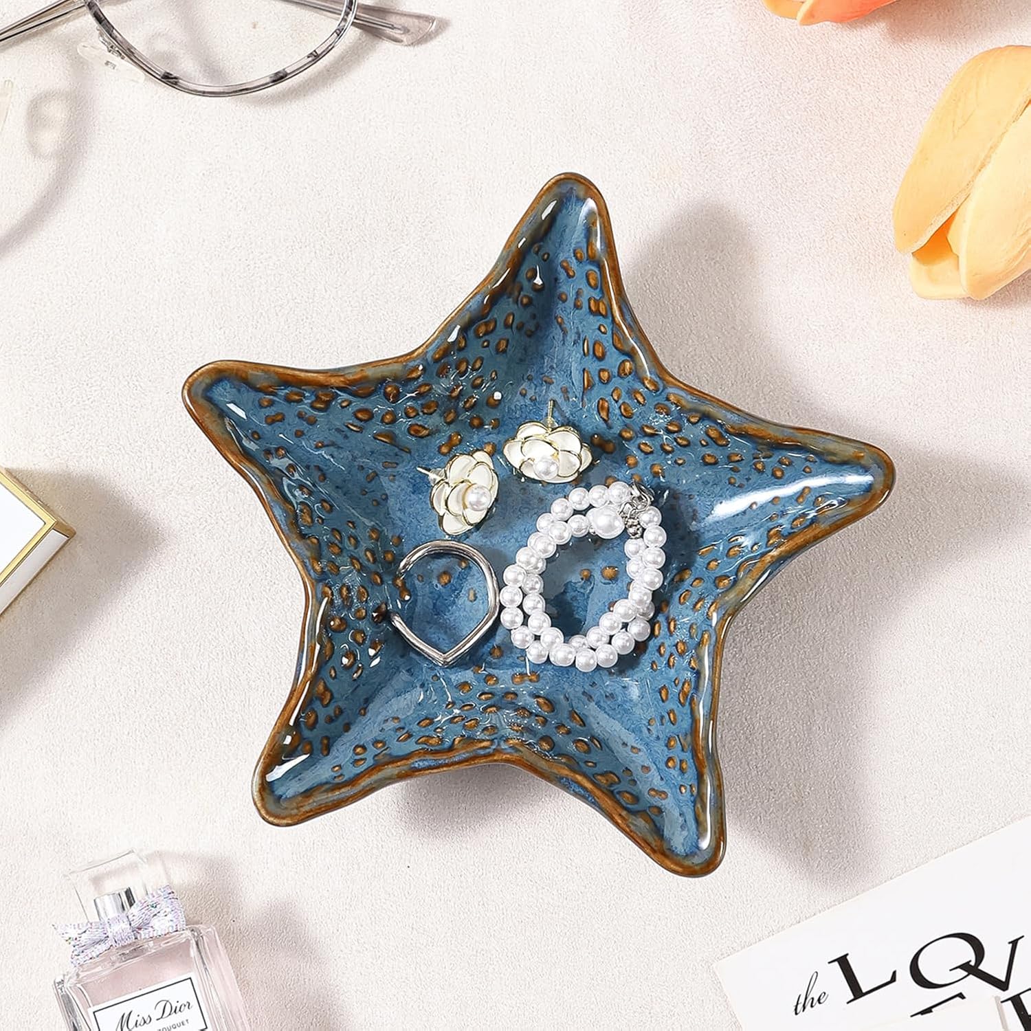 Jewelry Dish Decorative Ring Tray, Ceramic Small Cute Trinket Tray 4.92" | Starfish Shape Aesthetic Jewelry Plate Key Bowl Organizing Necklace Earrings, Home Decor Reactive Glaze Blue