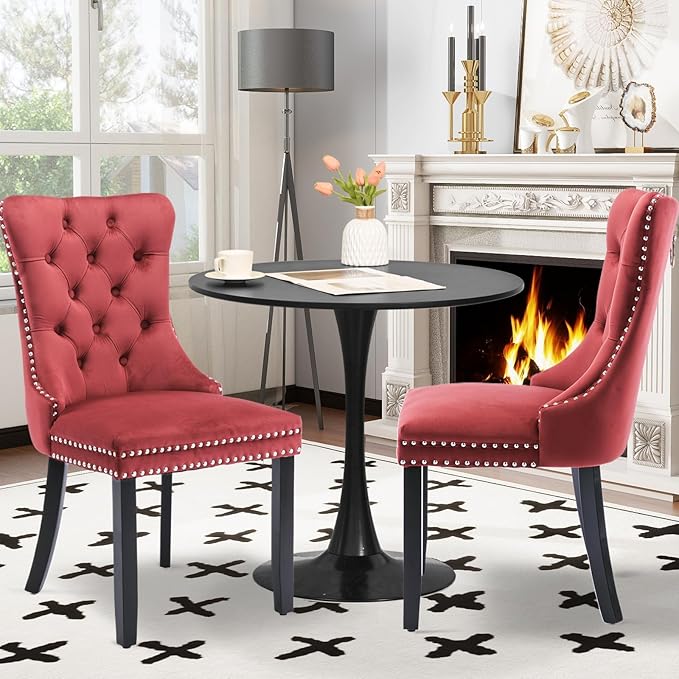 3-Pieces 31.5" Round Dining Table Set for 2, Black Dining Table & Velvet Upholstered Dining Chairs Set of 2 for Kitchen Dining Room Apartment Small Space(Wine Red Chairs)