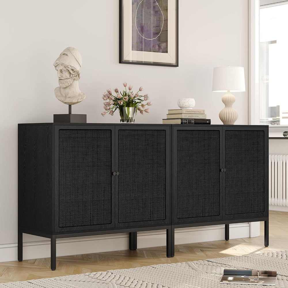 Yechen 63“ W Black Rattan Cabinet, Farmhouse Sideboard Cabinet with Natural R...